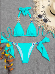 Crystal Decorated Solid Color Bandage Bikini Swimwear