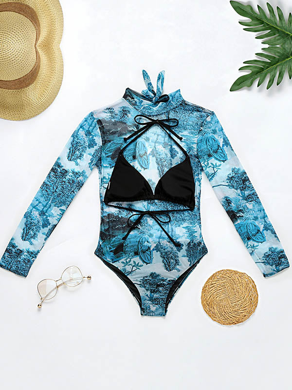 Long Sleeve Mesh Floral-Print Backless One-Piece Swimwear