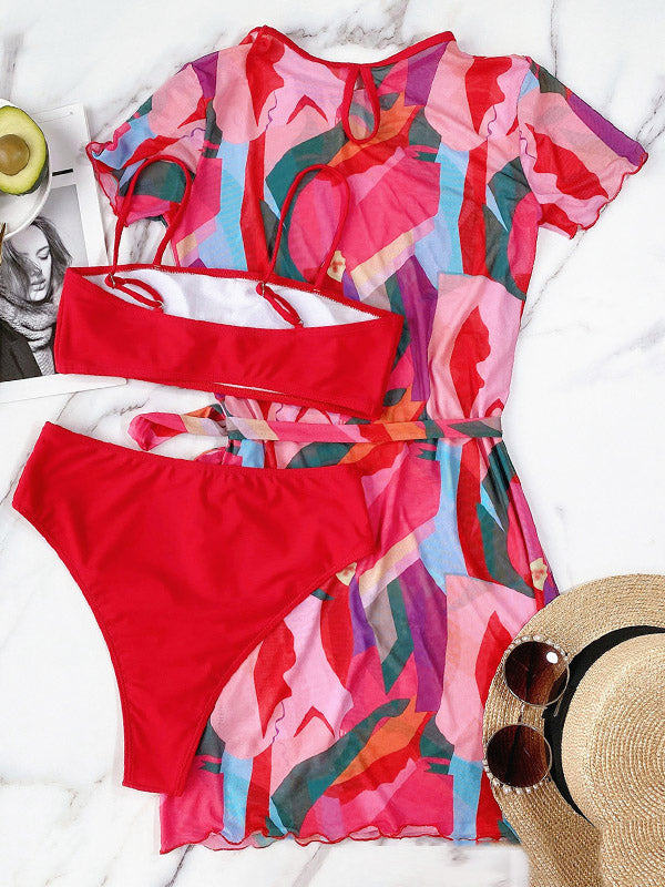 Spaghetti-Neck Padded Split Bikini Swimsuit+Cover-Ups Three-Piece Set