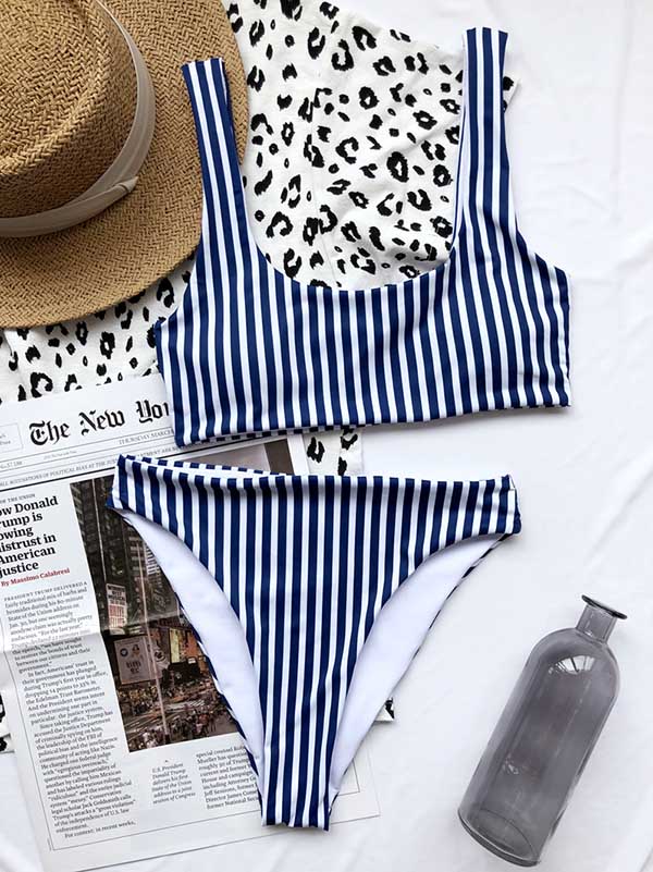 Striped Printed Square-Neck Split Bikini Swimsuit