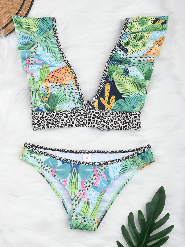 Floral Printed Deep V-Neck Falbala Bralette Hipster Bikini Swimwear