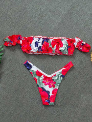 Bikini-Badeanzug mit Blumenmuster, Puffärmeln, schulterfrei, Schlitz 