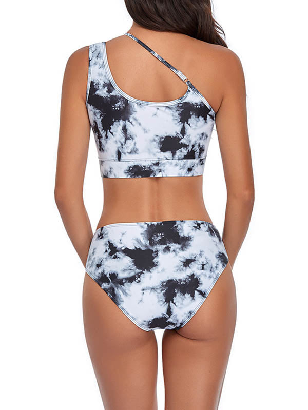 Einschultriger Bikini mit hoher Taille und Batikmuster 