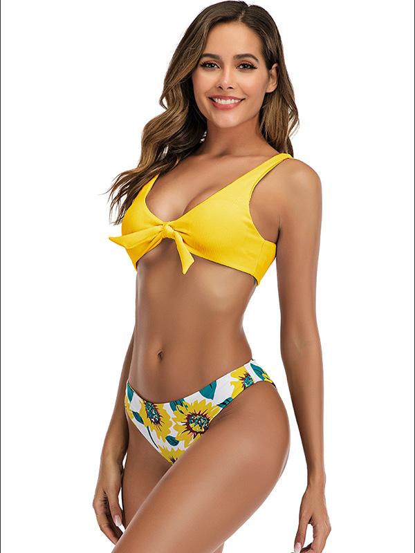 Color-Block Floral-Print Knotted Split Bikini Swimsuit