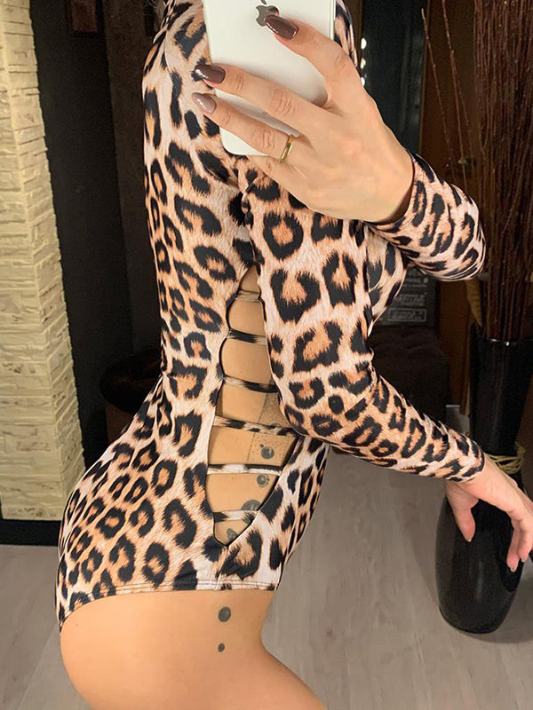 Animal Print High-Neck Zipper Long Sleeve One-Piece Wetsuit