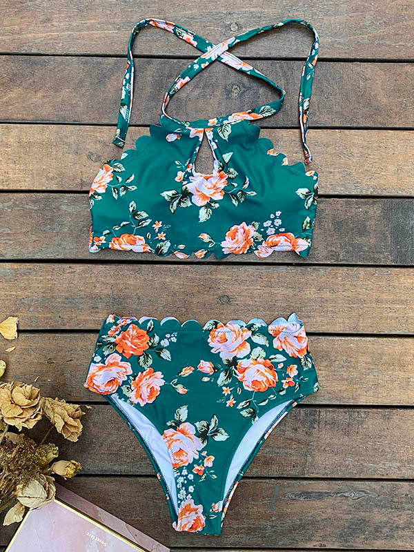 Neckholder-Bikini-Badeanzug mit Blumenmuster im Falbala-Stil 