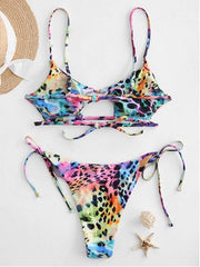 Leopard Print Abstract Printed Bandage Hollow Split Bikini Swimsuit