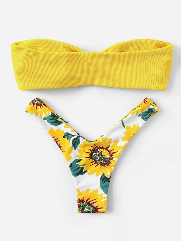 Color-Block Floral-Print Knotted Bandeau Split Bikini Swimsuit