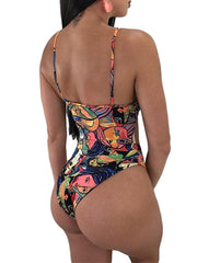 Spaghetti-Neck Floral Print Bandage Hollow Monokini Swimwear