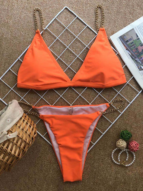 Spaghetti-Neck Split-Joint Chain Triangles Brazilian Bikini Swimwear