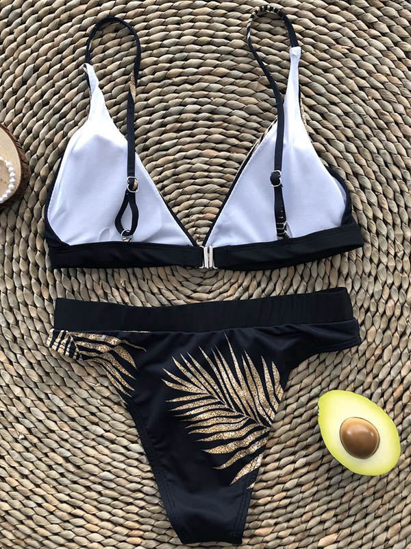 Leaf-Printed Solid Halter-Neck Bikini Swimsuit