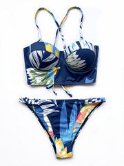 Abstract Printed Underwired Bandeau Split Bikini Swimsuit