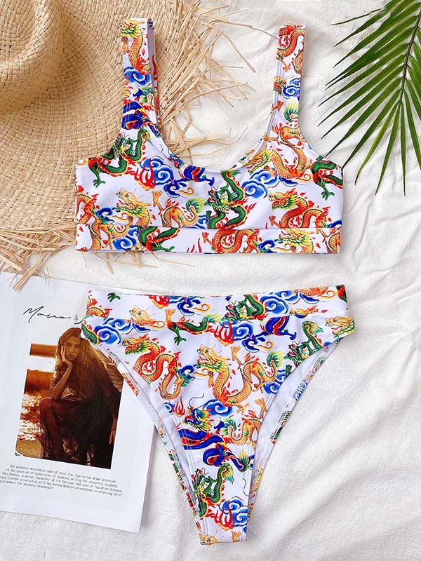 Chinese Style Printing U-Neck Split Bikini Swimsuit