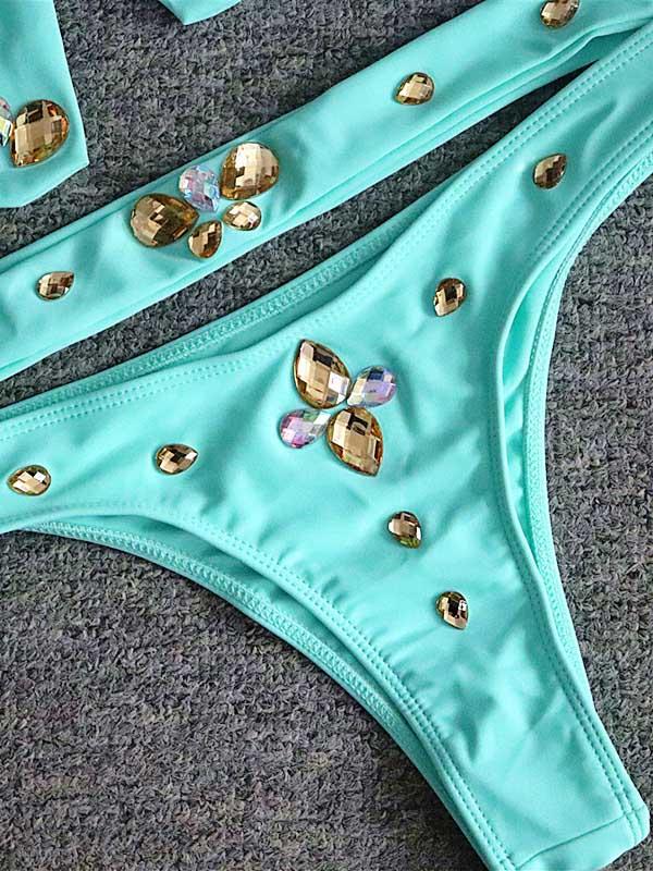 Einfarbiger Hot Drill Bikini-Badeanzug mit Knoten und Schlitz 