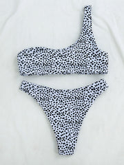 Polka-Dot Printed One-Shoulder Split Bikini Swimsuit