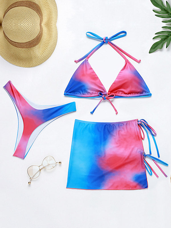 Tie-Dyed Backless Split Bikini Swimsuit+Apron Three-Piece Set