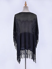 Solid Color Hollow Split-Joint Tasseled Crochetgo Bat Sleeve Cover-Ups Tops