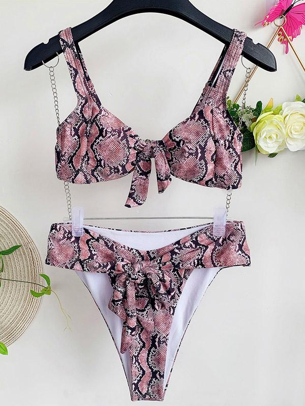 Snake-Print Knotted Hollow Split Bikini Swimsuit