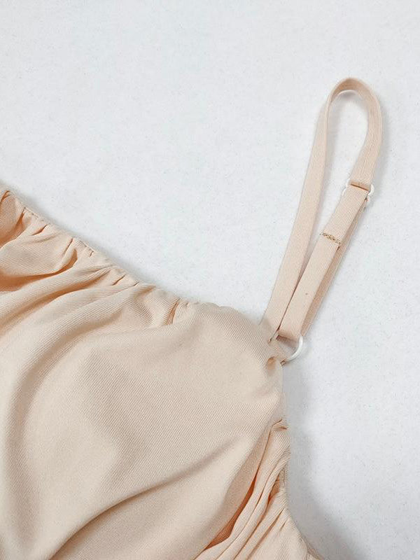 Einfarbiger Bikini-Badeanzug mit hoher Taille, Rüschen und Schlitz 