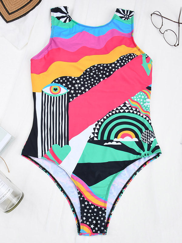 Sleeveless Abstract Print Padded One-Piece Swimwear