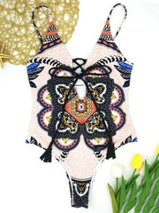 Sexy Ethnic Printed Backless Lace-Up One-Piece Swimsuit