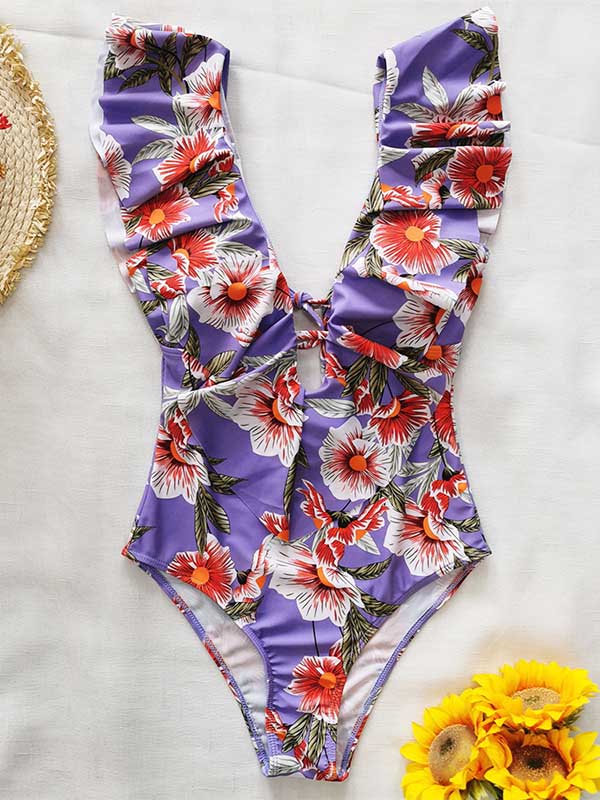 Floral Falbala Backless  One-Piece Swimsuit