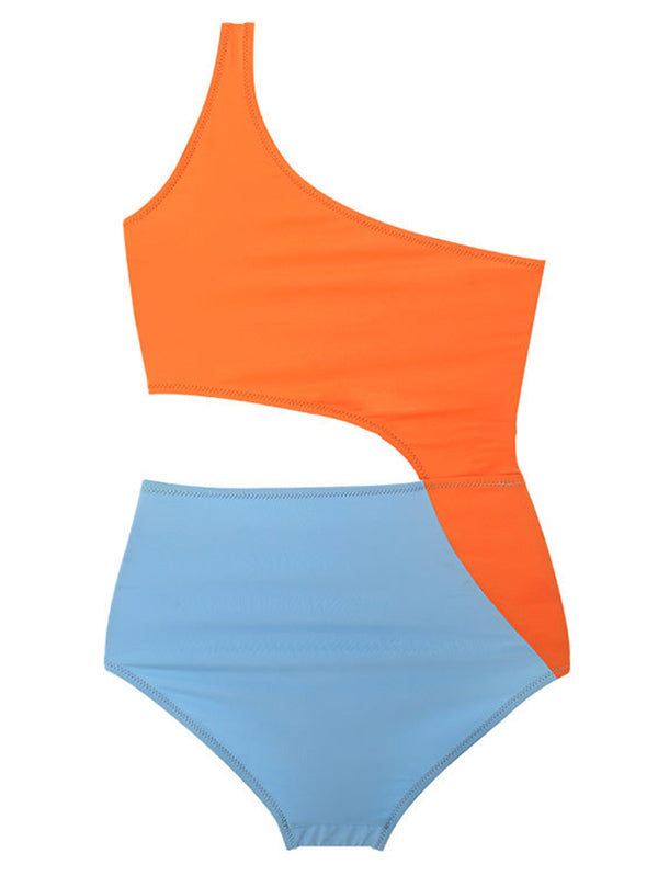 One-Shoulder Color-Block Tight Hollow Monokini Swimwear