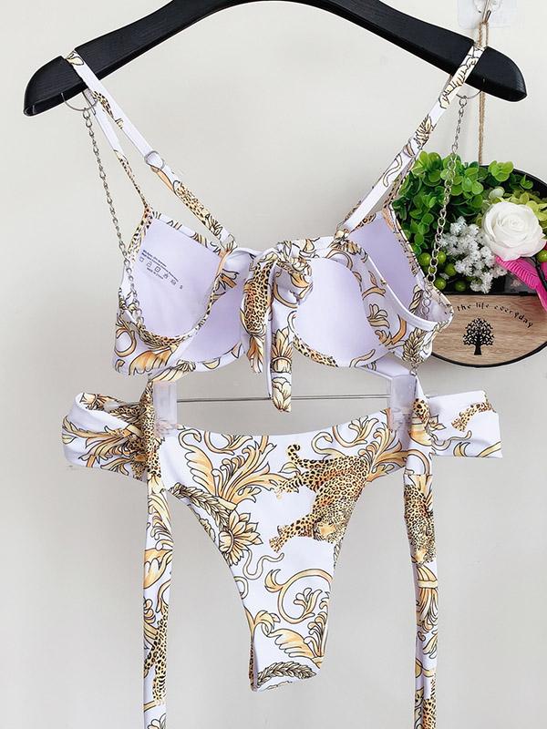 Bikini-Badeanzug mit Blumenmuster, Bügel und Bandage sowie Schlitz 