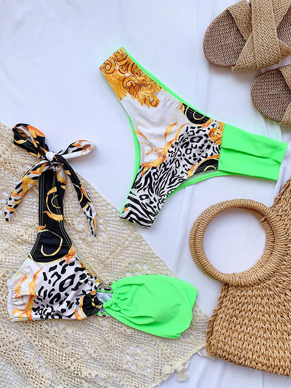 Leopard Print Split-Joint Asymmetric Split Bikini Swimsuit