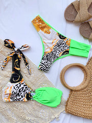 Leopard Print Split-Joint Asymmetric Split Bikini Swimsuit