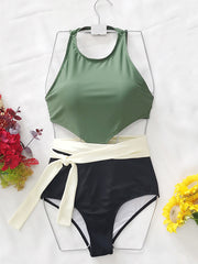 Solid Hollow Split-Joint One-Piece Swimsuit