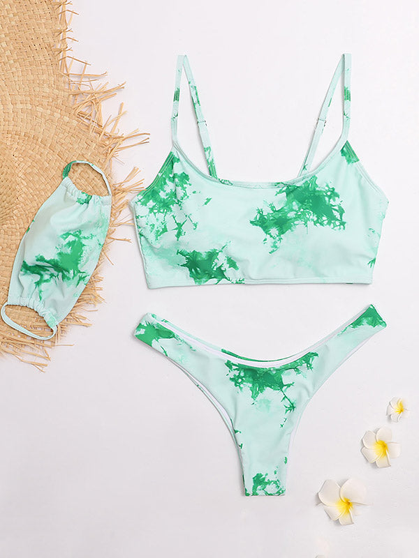 Tie-Dyed Gradient Spaghetti-Neck Split Bikini Swimsuit+Mask