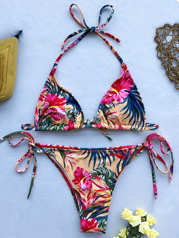 Floral Sexy Halterneck Triangles Tie Side Backless Bikini Swimwear