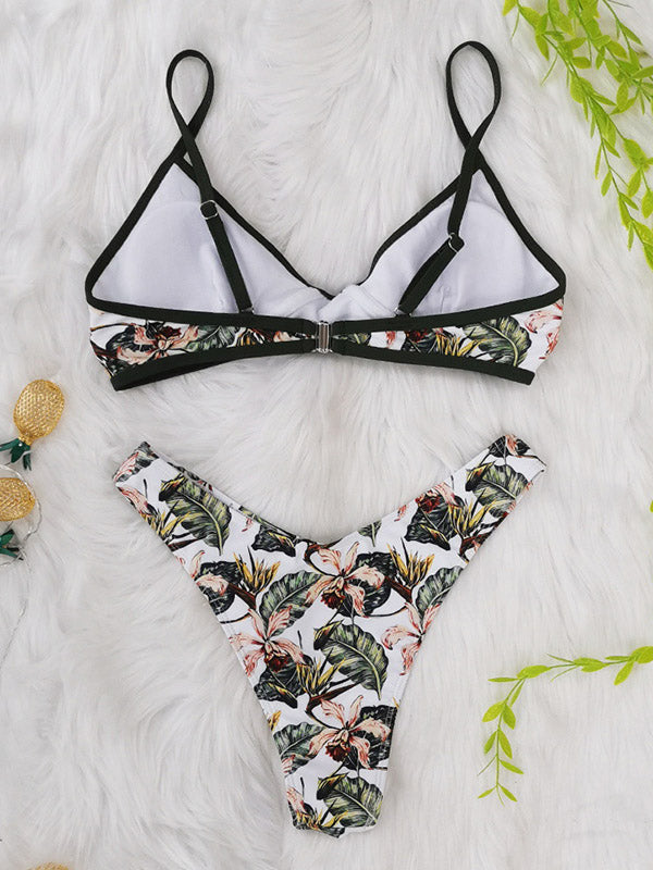 Floral Printed Triangles Spaghetti-Neck Bikini Swimsuit