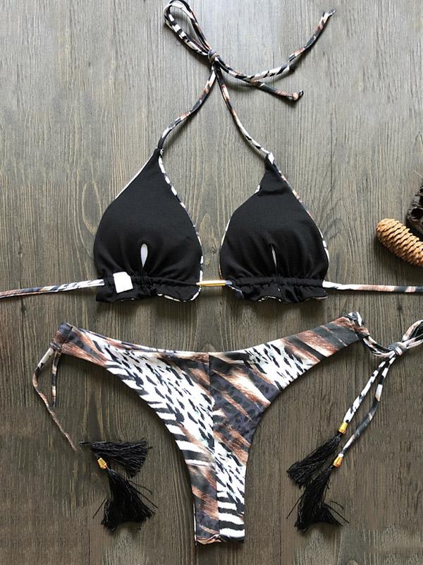 Leopard Print Tasseled Embellished Triangles Bandage Split Bikini Swimsuit