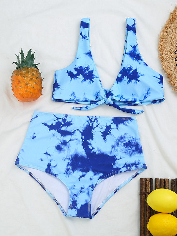 Polychromatic Floral-Print Knotted Split Bikini Swimsuit