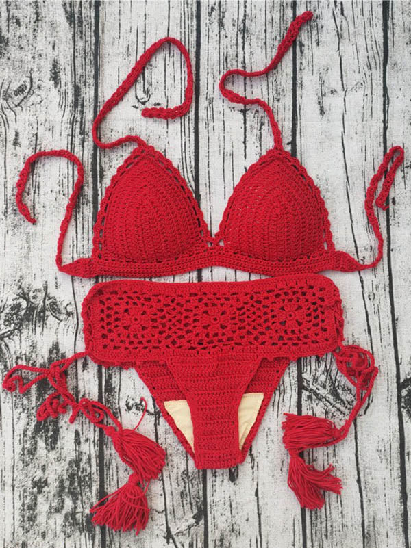 Crochetgo – Bikini-Badeanzug mit Schlitz und hohlen Dreiecken 