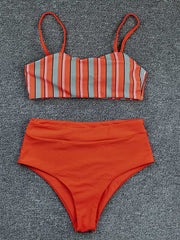 Striped Floral-Print Color-Block Split Bikini Swimsuit