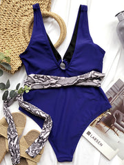 Snake-Print Bandage Split-Joint Gathered One-Piece Swimwear