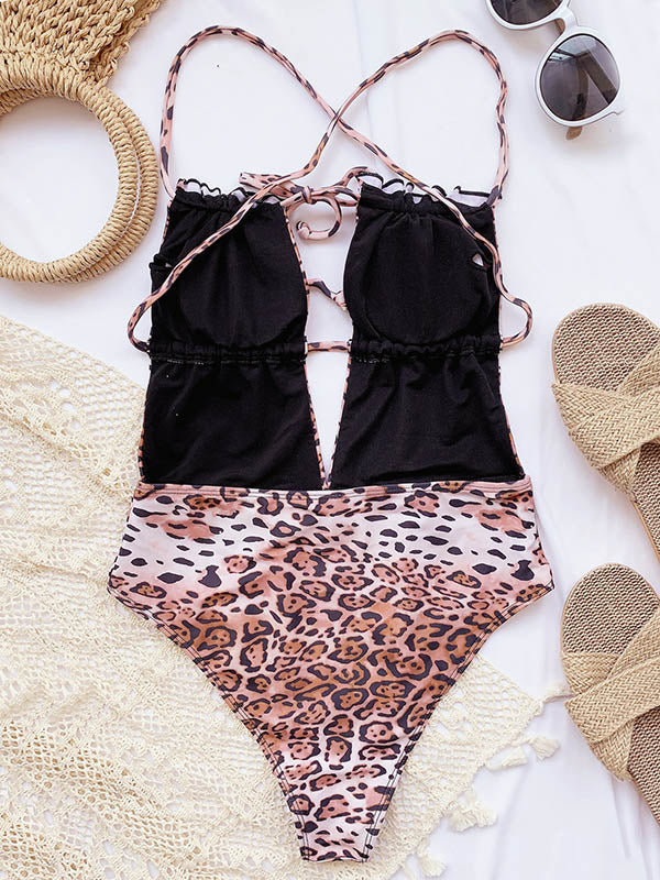 Sexy Leopard Print Lace-Up One-Piece Swimwear