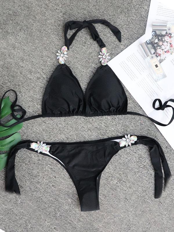 Gorgeous Embellished Knotted Triangles Split Bikini Swimsuit