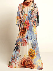 Floral Chiffon Half Sleeve Loose Long Cardigan Cover-Up Swimwear