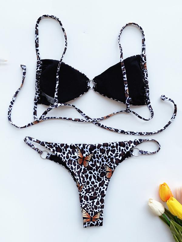 Bikini-Badeanzug mit Leopardenmuster, Dreiecken und Schlitz 