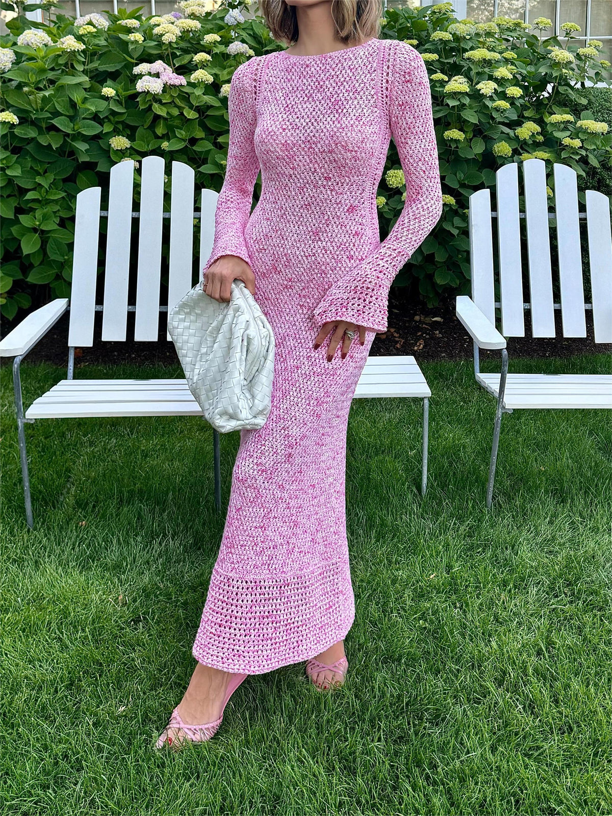 Pink Flared Sleeve Knit Maxi Dress