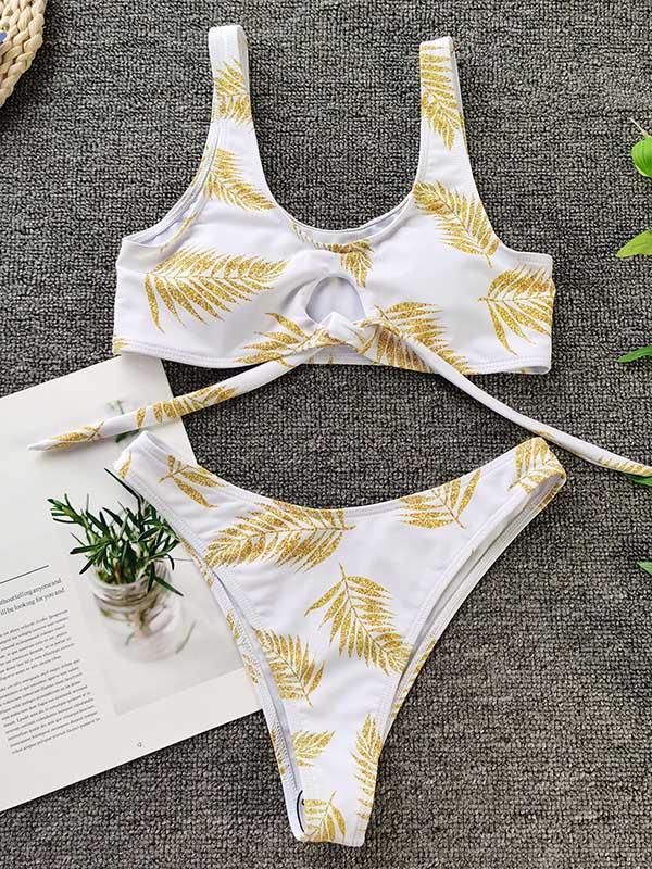 Floral-Print Shiny Hollow Split Bikini Swimsuit