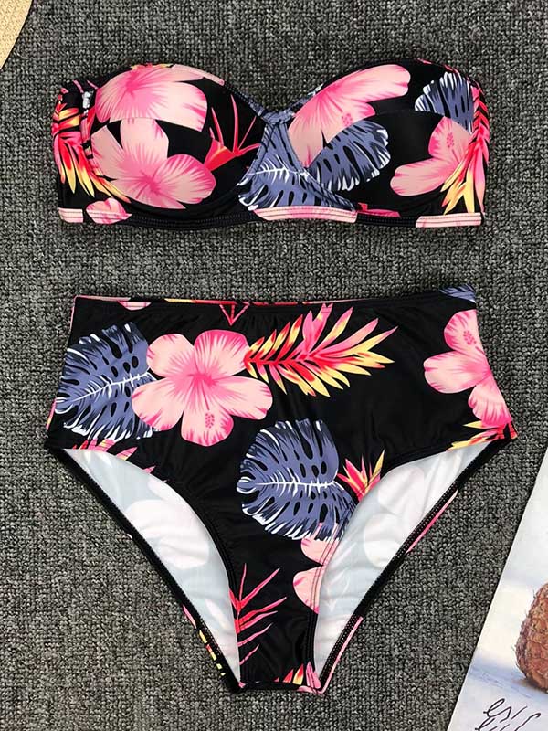 Bandeau-Bikini-Badeanzug mit Schlitz und Bügel mit Blumenmuster 