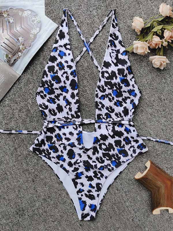 Sexy Blue Leopard Deep V-Neck Backless Bandage One-Piece Swimwear