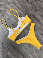 Solid Round-Neck Plunge Top With Hipster Bikini Set