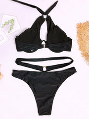 Solid Color Sexy Bandage Hollow  Split Bikini Swimsuit