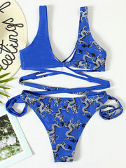 Chinese Style Printing  Asymmetric Split-Joint Bandage Split Bikini Swimsuit